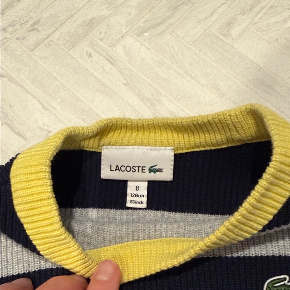 Lacoste Kids Striped Navy Blue, Gray and Yellow Sweater, size 8 - Picture 3 of 5
